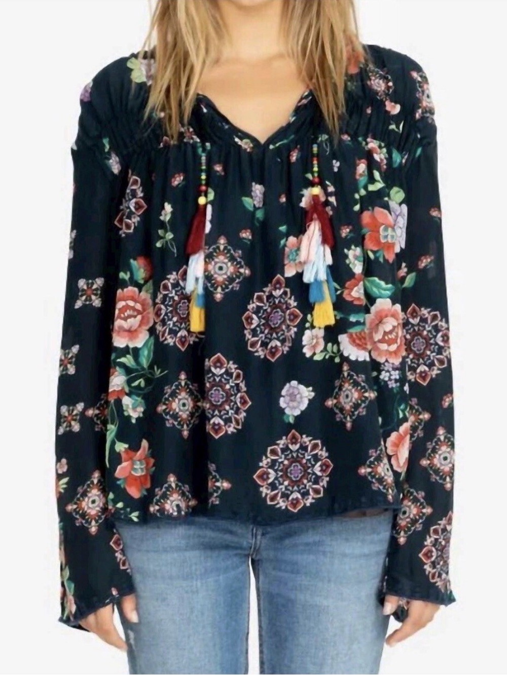 Johnny was Women’s Navy Floral Tassel Peasant Blouse